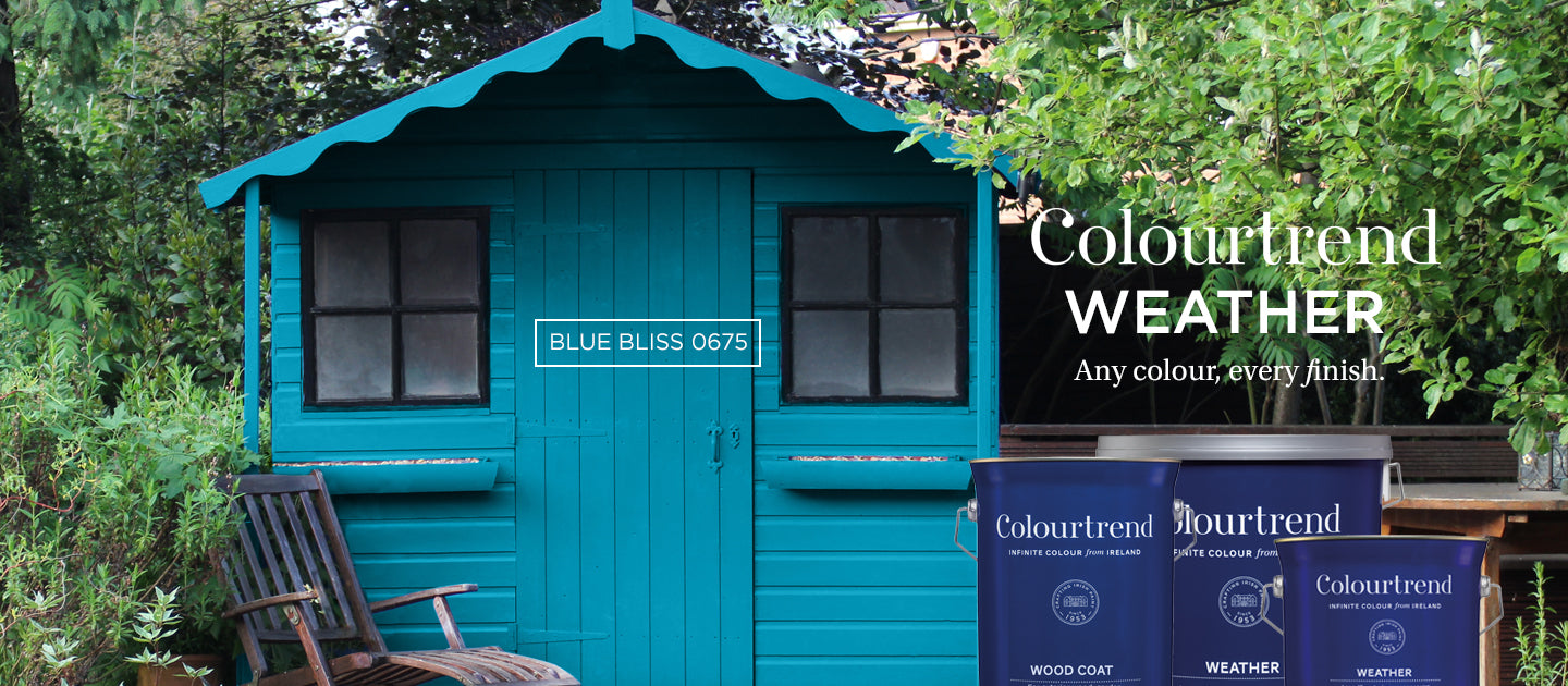 Image of a garden with a bright blue wooden shed with surrounding greenery. Colourtrend weather imagery.